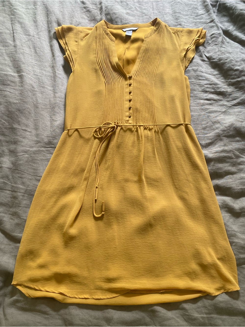 Mustard Yellow Button-Front Tie-Waist Dress